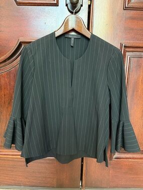 BCBGMaxAzria Black Pinstripe Ruffle-Sleeve Blouse